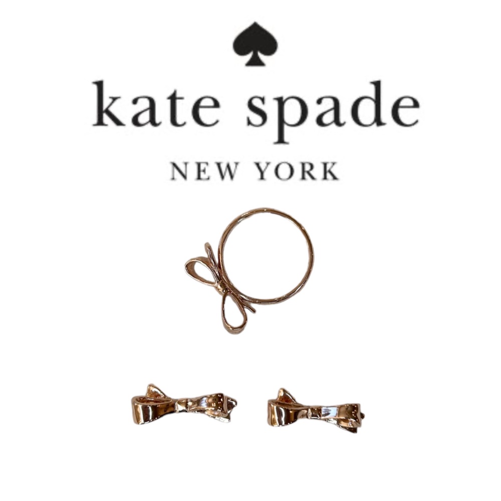 Kate Spade "Skinny Mini" Love Notes Bow Stud Earrings & Ring Size 8